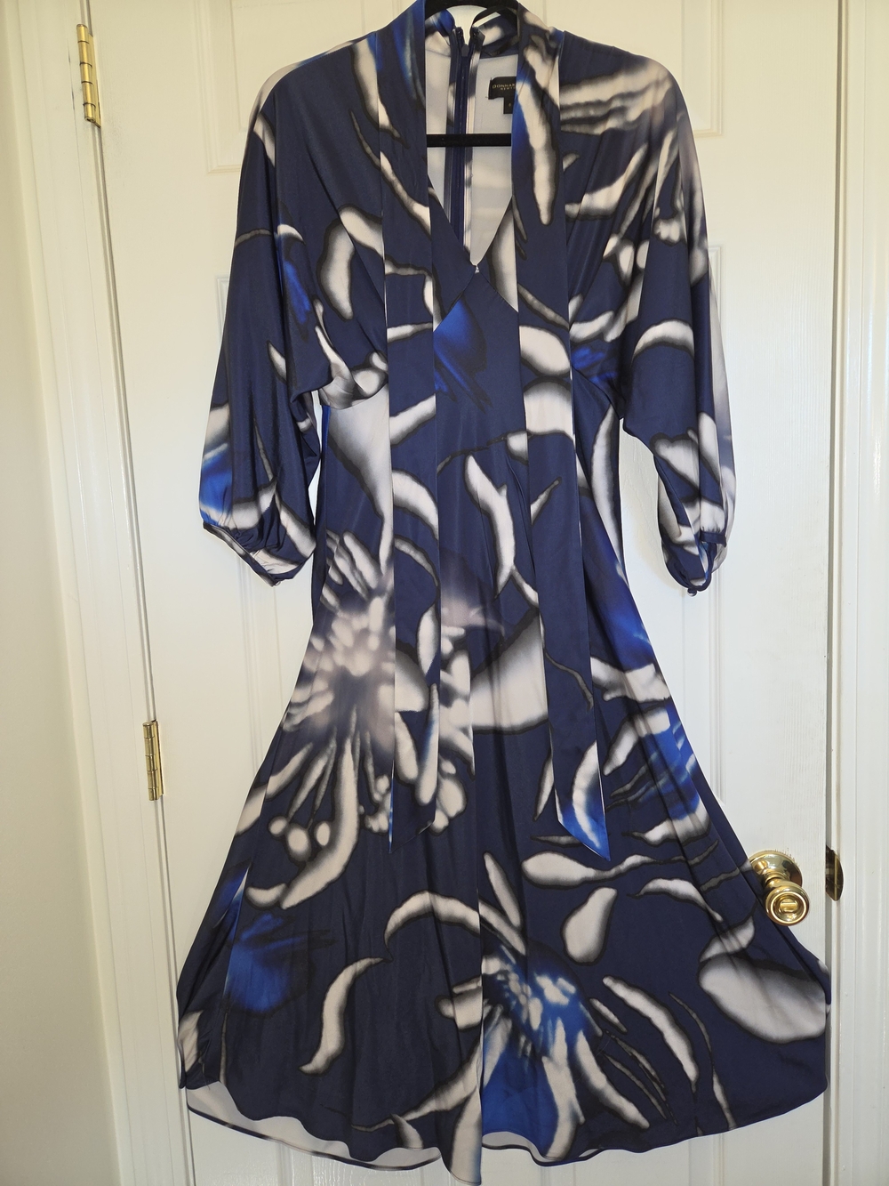 Donna Karan Navy and White Floral Wrap Midi Dress